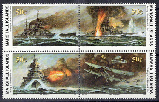 Marshall Islands 281a MNH block WWII Sinking of the Bismarck ZAYIX 0124S0037M