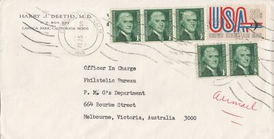 US Air Mail 20c USA Jet & coil Jefferson Calif. to Australia ZAYIX 031923SM56