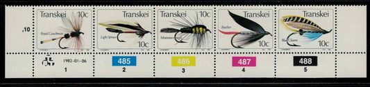 ZAYIX South Africa - Transkei 71 MNH strip of 5 Fishing Flies Sports 032323SM11M
