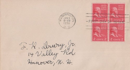 US 806 FDC Cover 2c Adams Prexie block ZAYIX 0324M0032