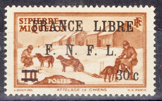 St. Pierre and Miquelon 250 MH 30c on 10c Dog Sled surcharge ZAYIX 1223S0023