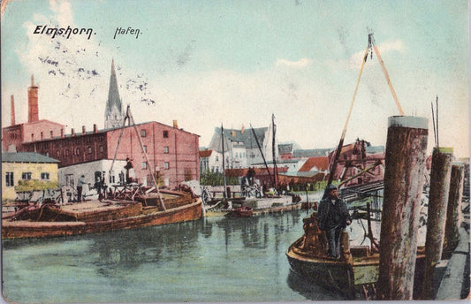 ZAYIX Elmshorn Harbor Schleswig-Holstein Germany keelboats barges vintage c1906