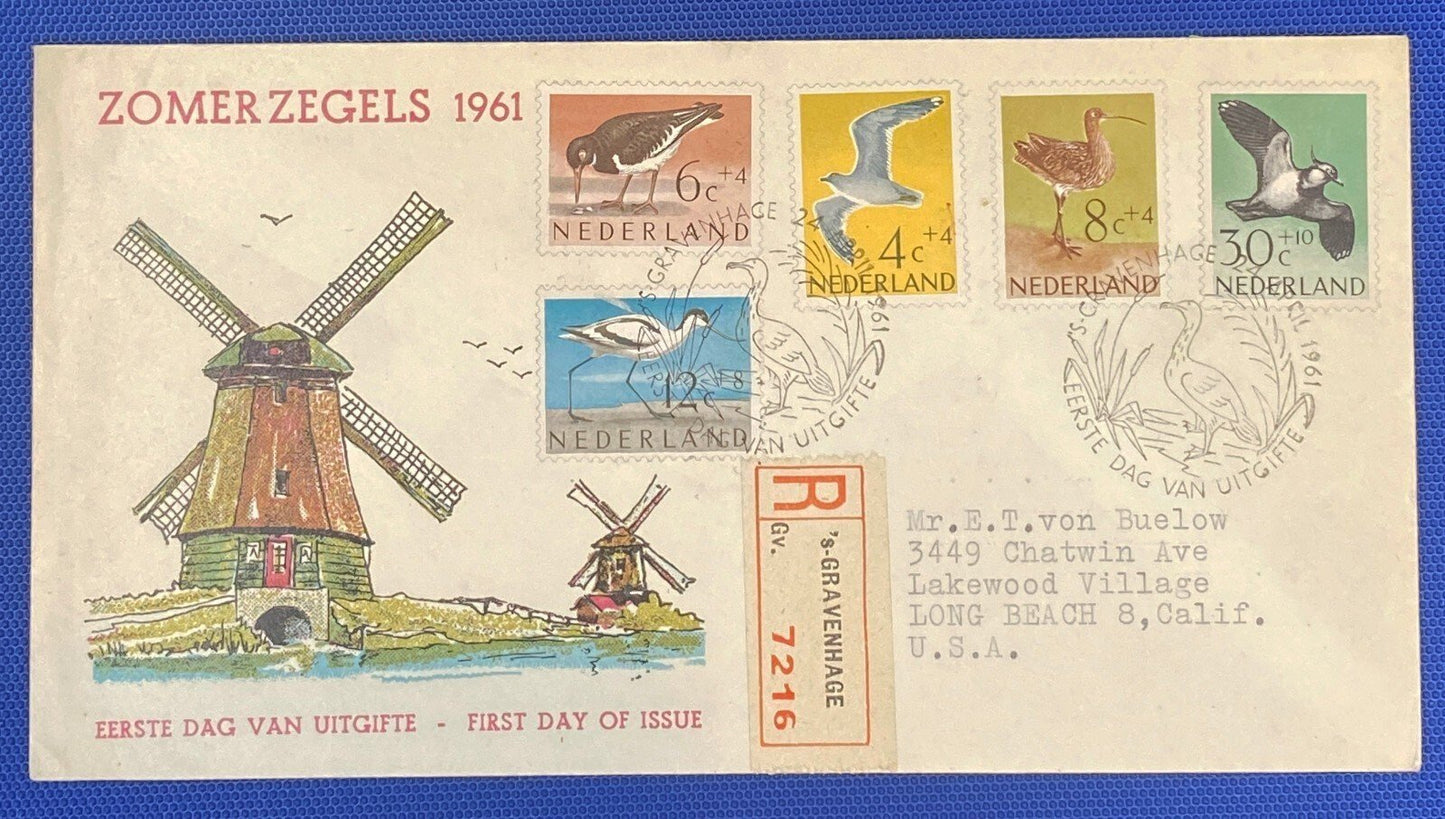 ZAYIX 1961 Netherlands B353-B357 / Mi 760-764 / NVPH E47 FDC Sea Birds Windmills