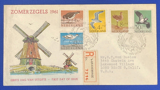 ZAYIX 1961 Netherlands B353-B357 / Mi 760-764 / NVPH E47 FDC Sea Birds Windmills