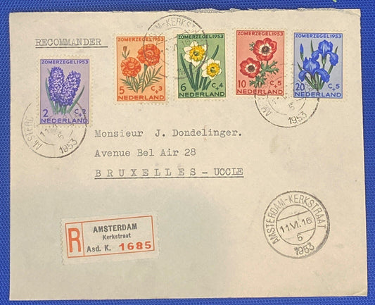 ZAYIX 1953 Netherlands B249-B253 / Mi 607-611 Registered Cover Amsterdam Flowers
