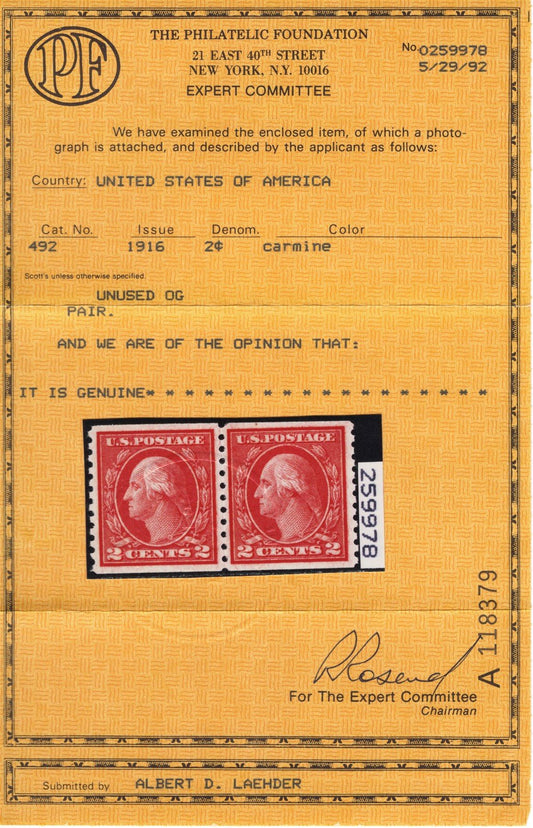 US Stamp 492 MNH XF/S 2c Washington coil pair with PF Cert ZAYIX 1024M_MAR023