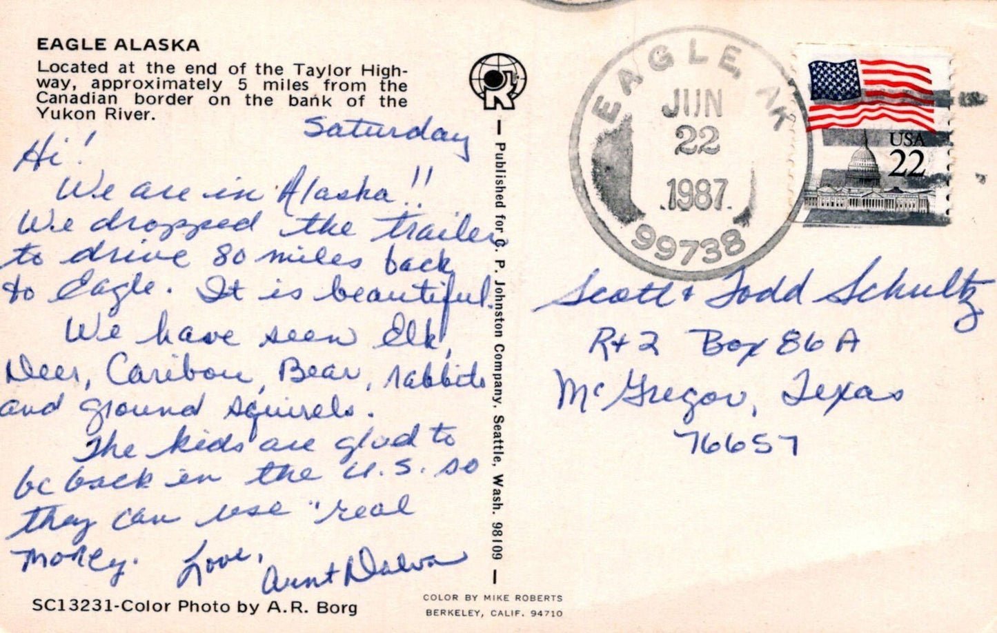 Eagle, Alaska Aerial View 1987 Handstamp 0324M0195 ZAYIX Postcard