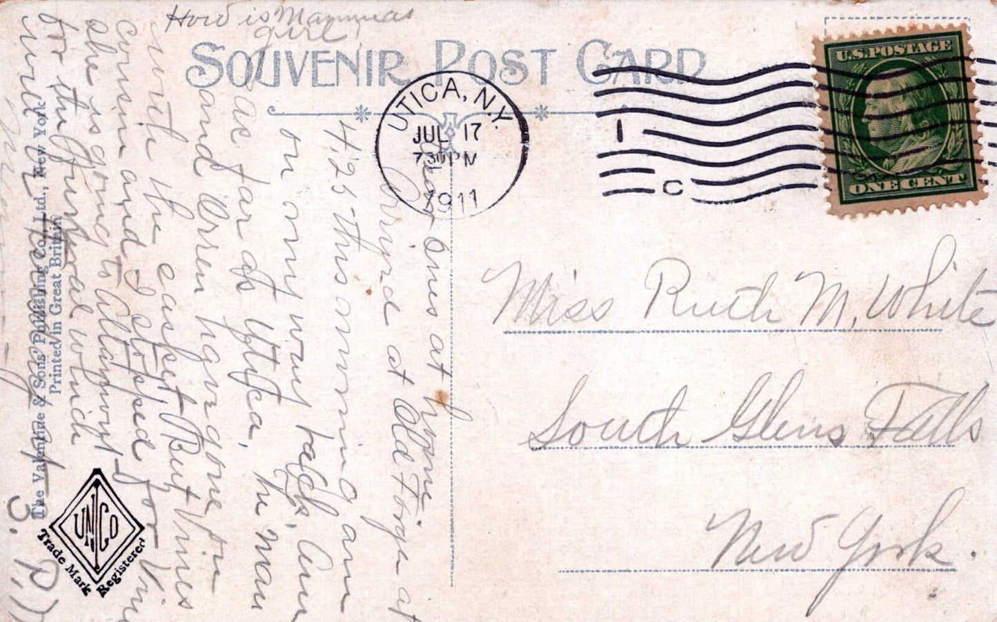 Utica Free Academy, Utica, NY c1911 Machine Cancel 0324M0202 ZAYIX Postcard