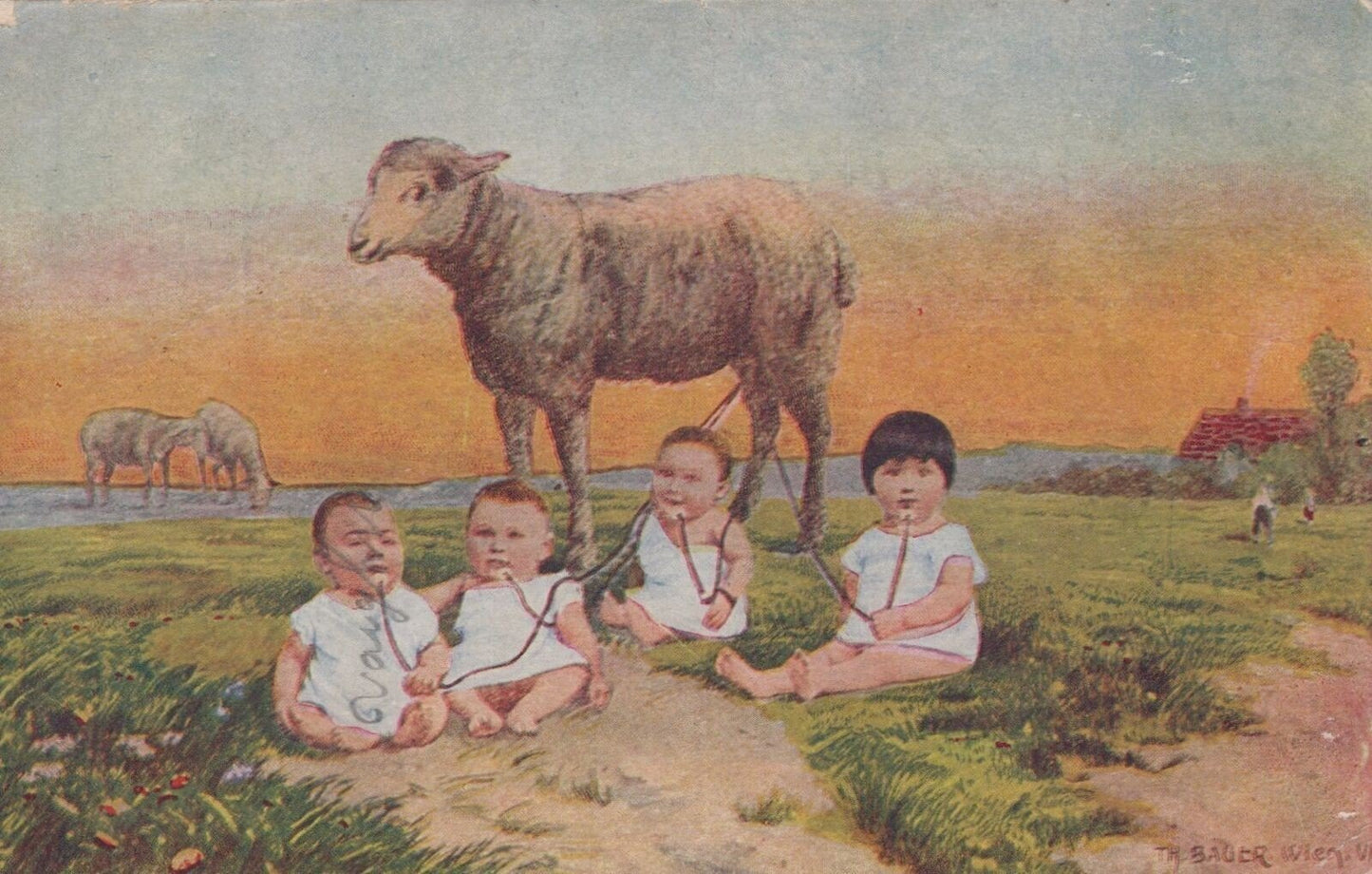 Humorous Artist Signed Babys Drinking Lamb Milk US Postcard ZAYIX 0324M0317