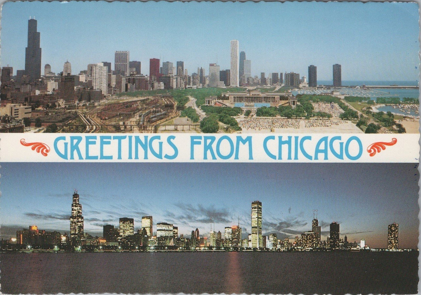 Greetings from Chicago Night Scene Day Scene Postcard ZAYIX 090222PC76