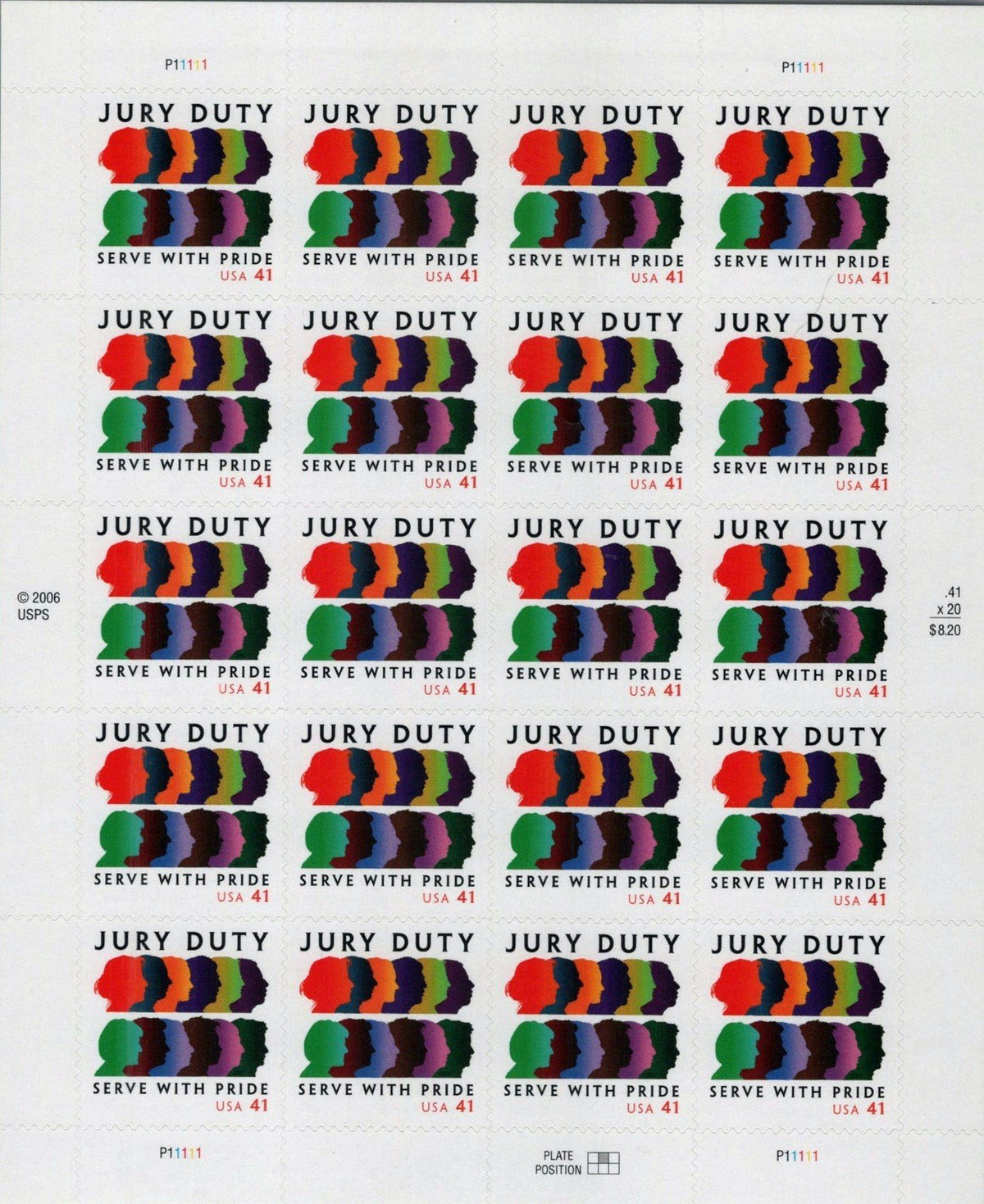 US 4200 MNH Jury Duty Serve with Pride Pane of 20 Law ZAYIX