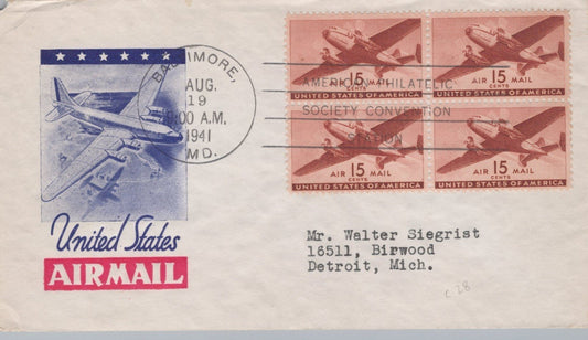 US C28-15 FDC Harry Ioor cachet Block of 4 ZAYIX 100823USF17