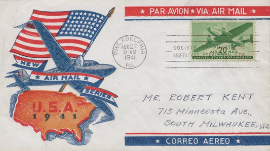 US C29 FDC LW Staehle cachet color plane, flag, map ZAYIX 100823USF27