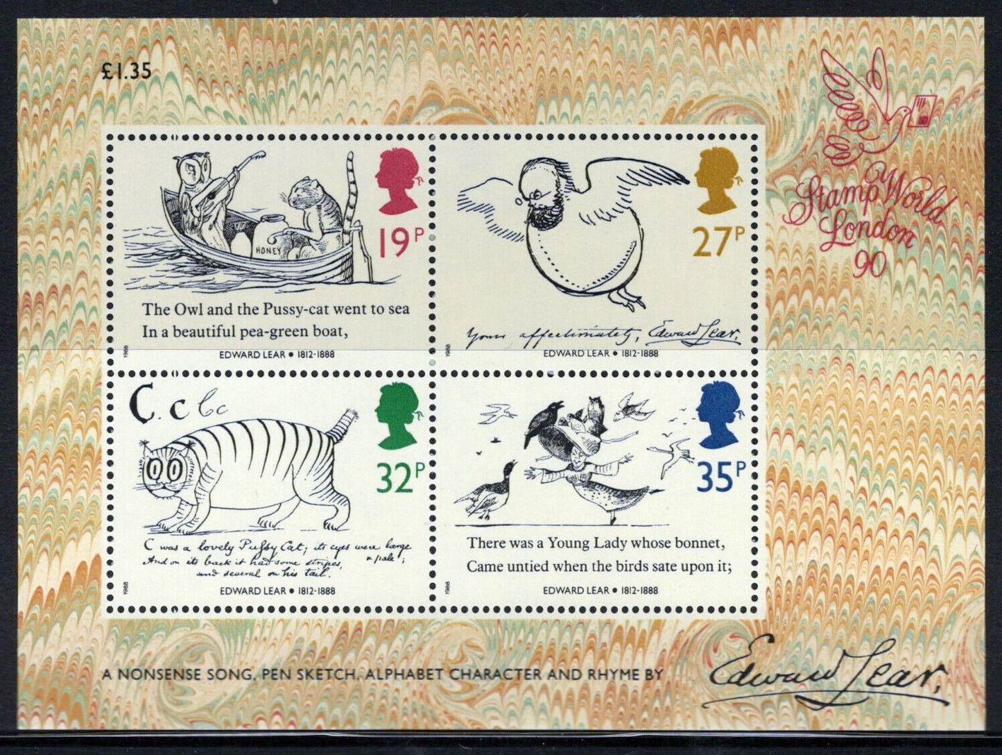 Great Britain 1229a MNH Illustrations Edward Lear Cats Birds ZAYIX 0424M0098M