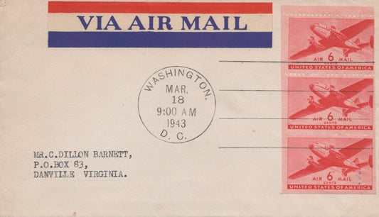 US C25a FDC No cachet Via Air Mail 6c booklet pane ZAYIX 101223USF09