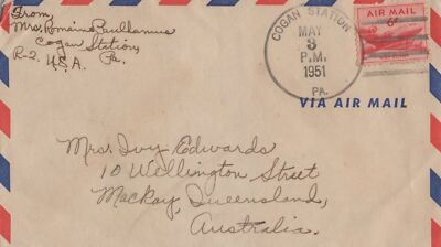 US Air Mail 1951 6c rate Cogan Station, PA to Mackay, Australia ZAYIX 031923SM61