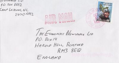 US Air Mail 60c Rate Camp Lejeune NC to Harold Hill England ZAYIX 031923SM98