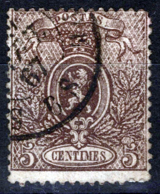 Belgium 26 FVF Used Perf 14.5x14, 5c brown Coat of Arms Zayix Stamps 0325S0224