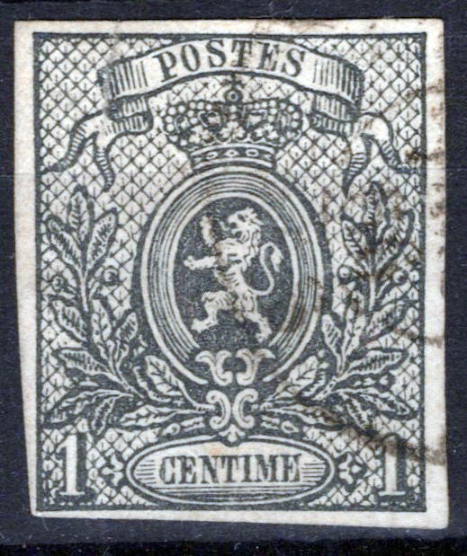 Belgium 23 Used XF imperf 1c gray Coat of Arms Zayix Stamps 0325S0228