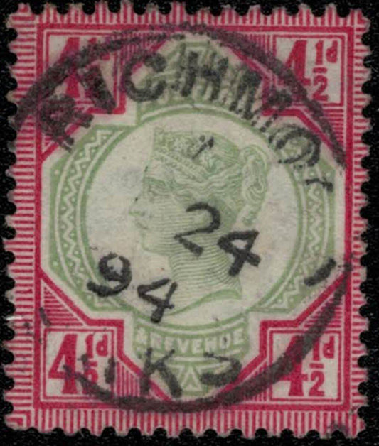 Great Britain 117 used 1892 4 1/2p carmine rose & grn, Victoria ZAYIX 031922S13