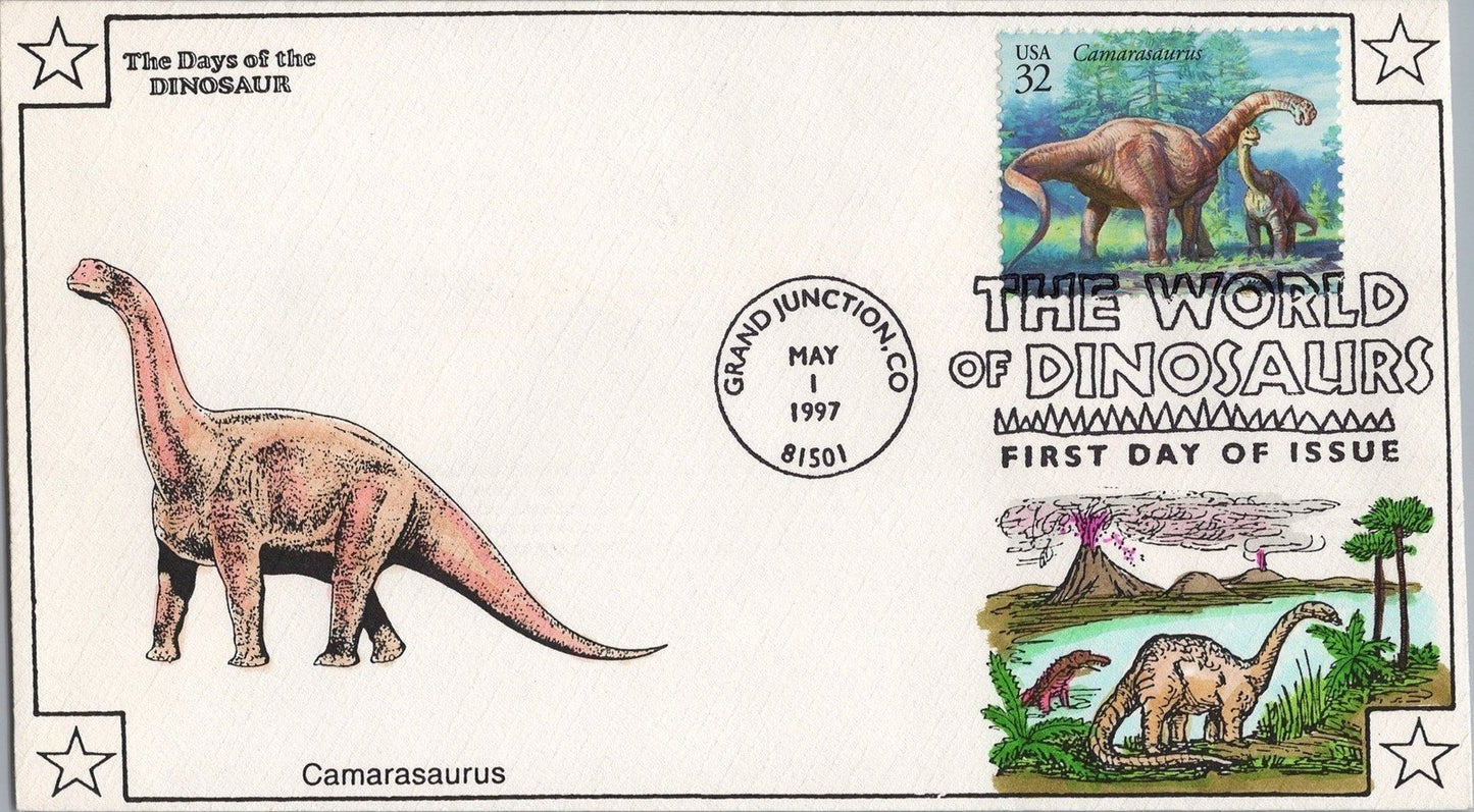 US 3136 FDC Dinosaurs Color Cachet Volcano Scene Camarasaurus ZAYIX 060922SM24