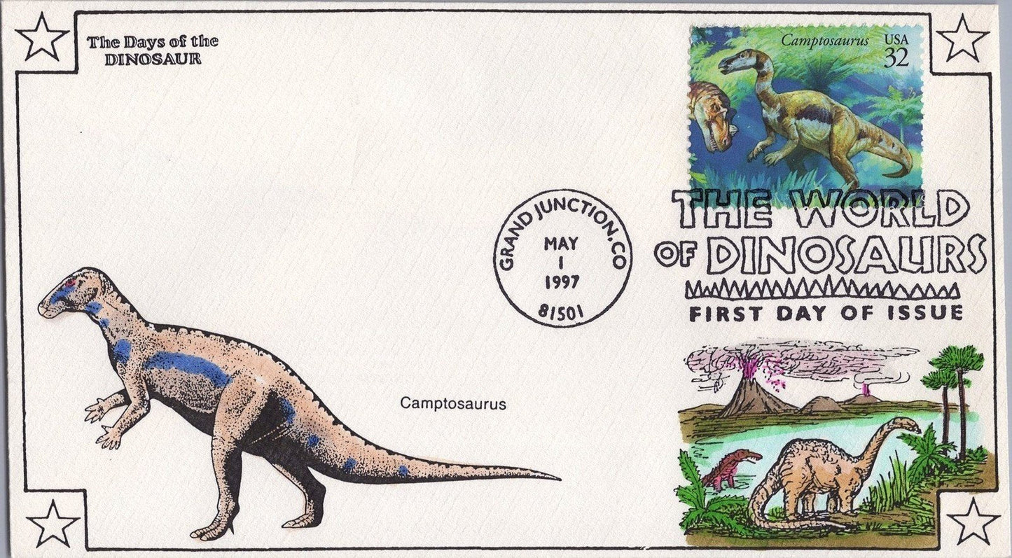 US 3136 FDC Dinosaurs Volcano Scene Color Cachet, Camptosaurus ZAYIX 060922SM23