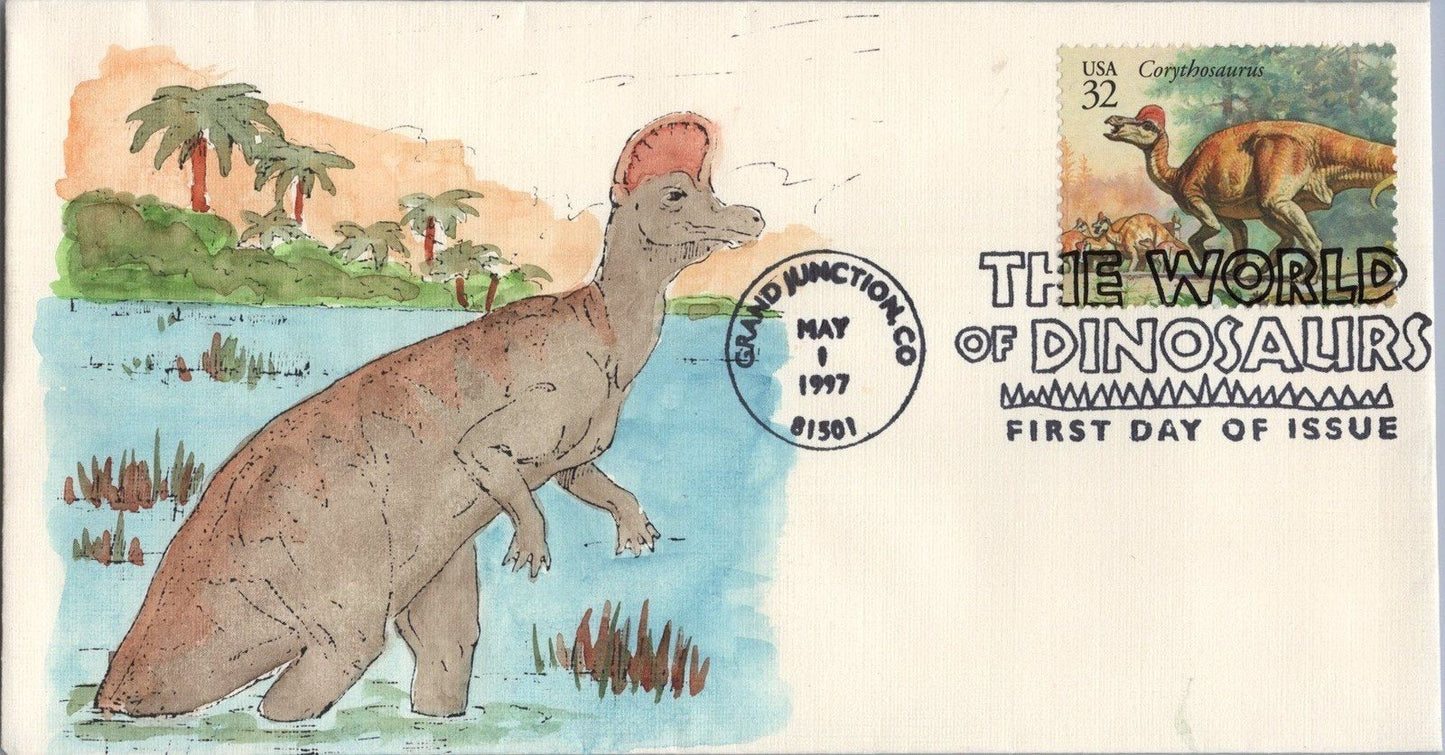 US 3136 FDC Hand Painted Dinosaurs SMB Cachets Corythosaurus ZAYIX STAMPS
