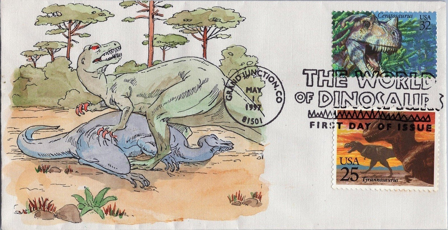 US 3136 FDC Dinosaurs SMB Cachets Hand Painted T-Rex Feeding ZAYIX 060922SM07
