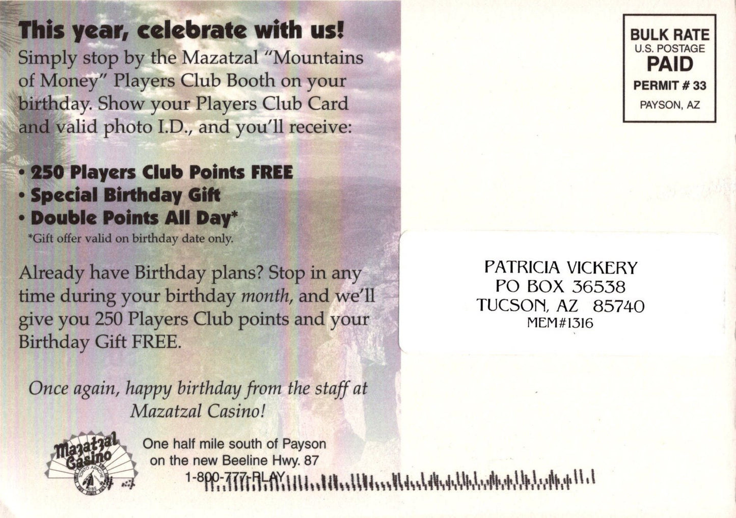 US Maxi Card FDC UA Happy Birthday, Mazatzal Casino ZAYIX 0924M0129