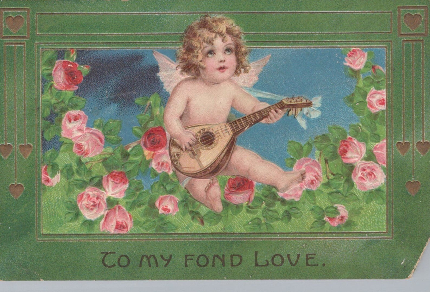 Embossed Valentine's Day Card Cherub Roses Duplex 0324M0334 ZAYIX Postcard