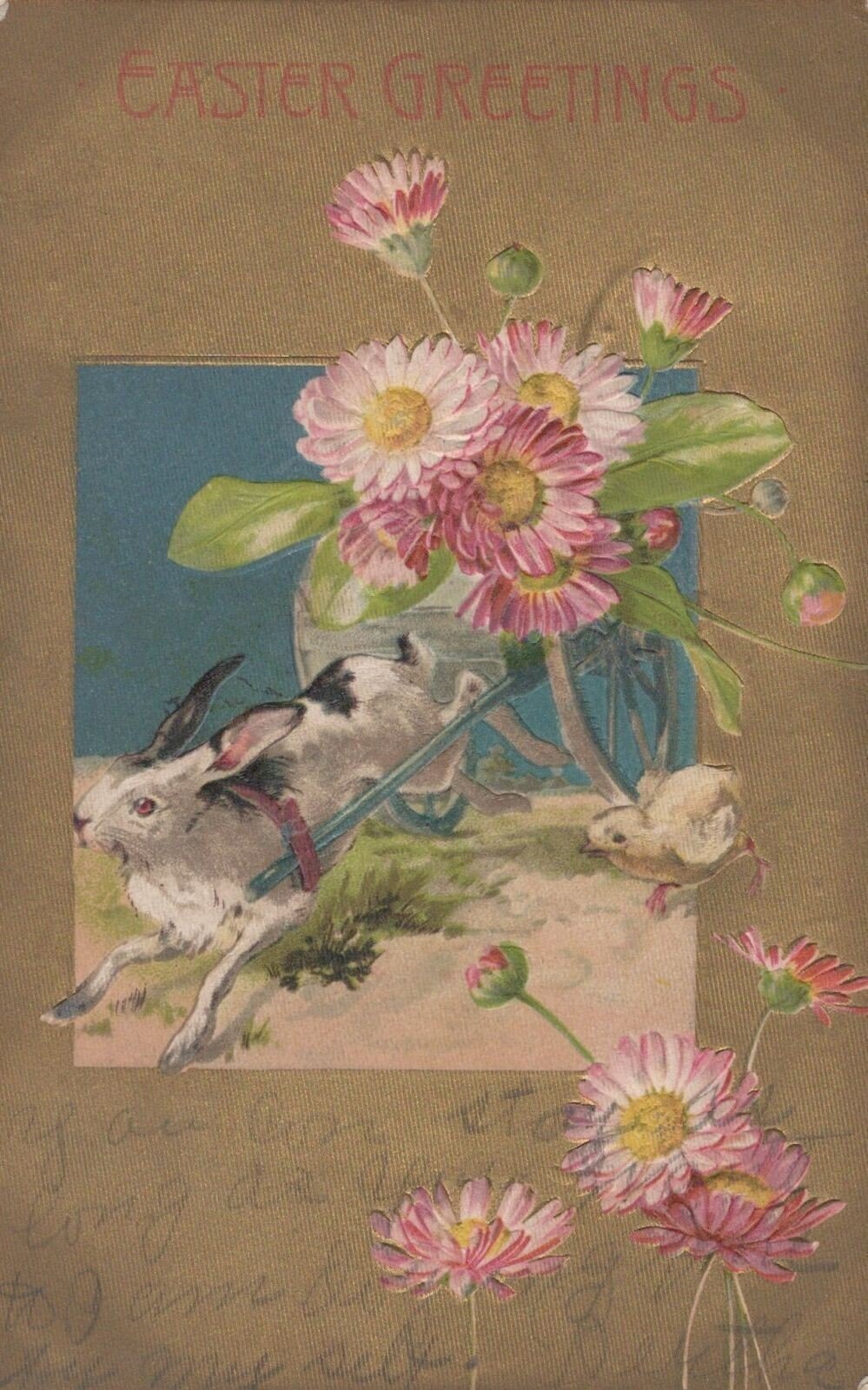 RPO Cancel on Gold Easter Embossed Rabbit Flowers 0324M0335 ZAYIX Postcard