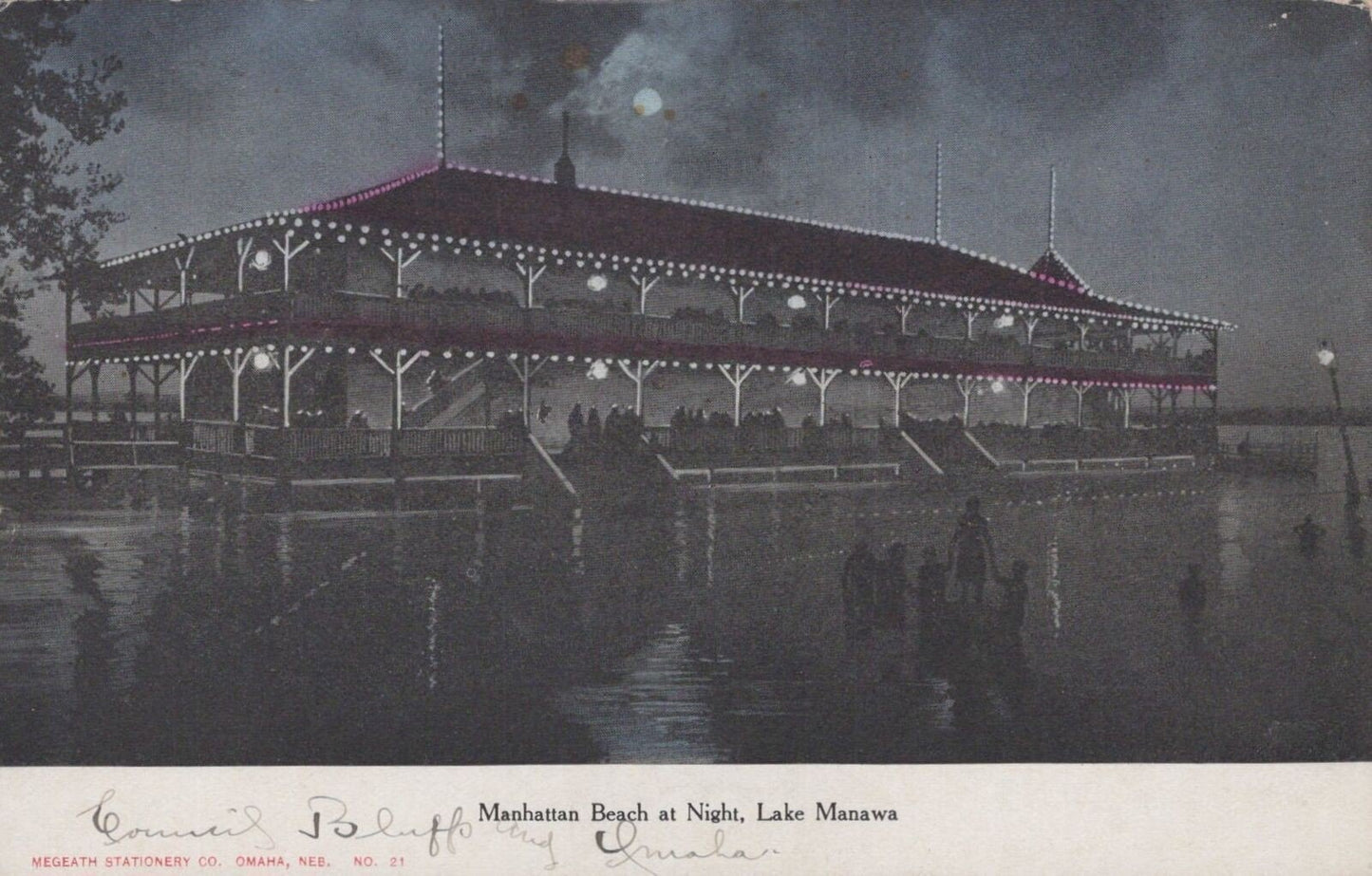 Manhattan Beach at Night, Lake Manawa, Omaha NE 0324M0369 ZAYIX Postcard