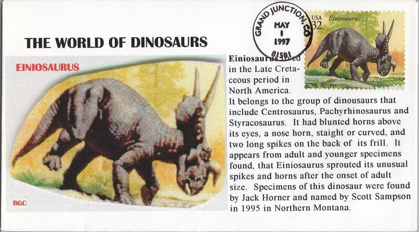 US 3136 FDC World of Dinosaurs BGC Cachet Einiosaurus Cretaceous Reptiles ZAYIX