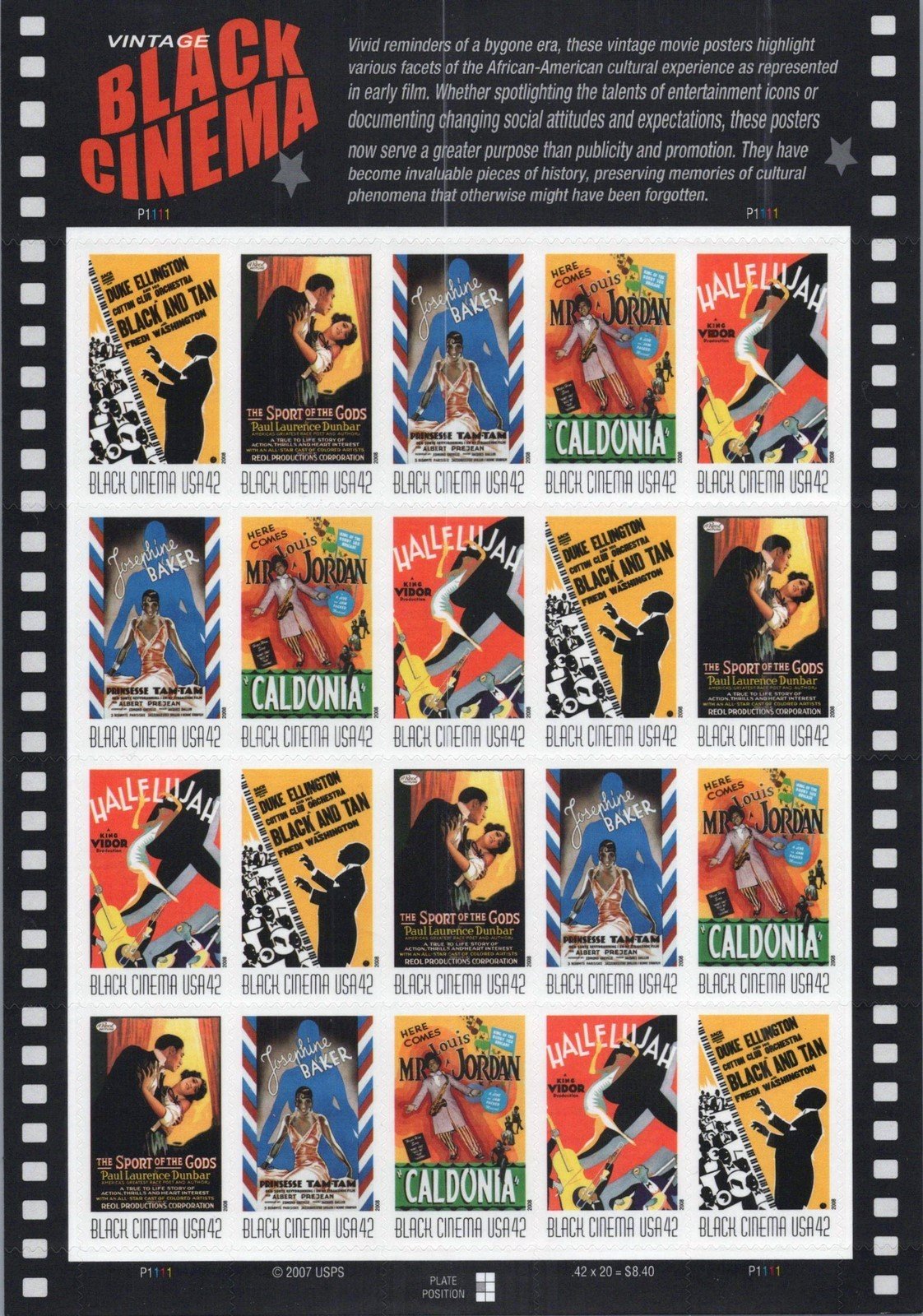 US 4336-4340 MNH Vintage Black Cinema Entertainment Sheet ZAYIX