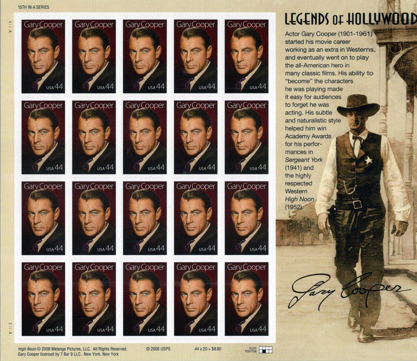 US 4421 MNH Gary Cooper Legends of Hollywood Sheet ZAYIX