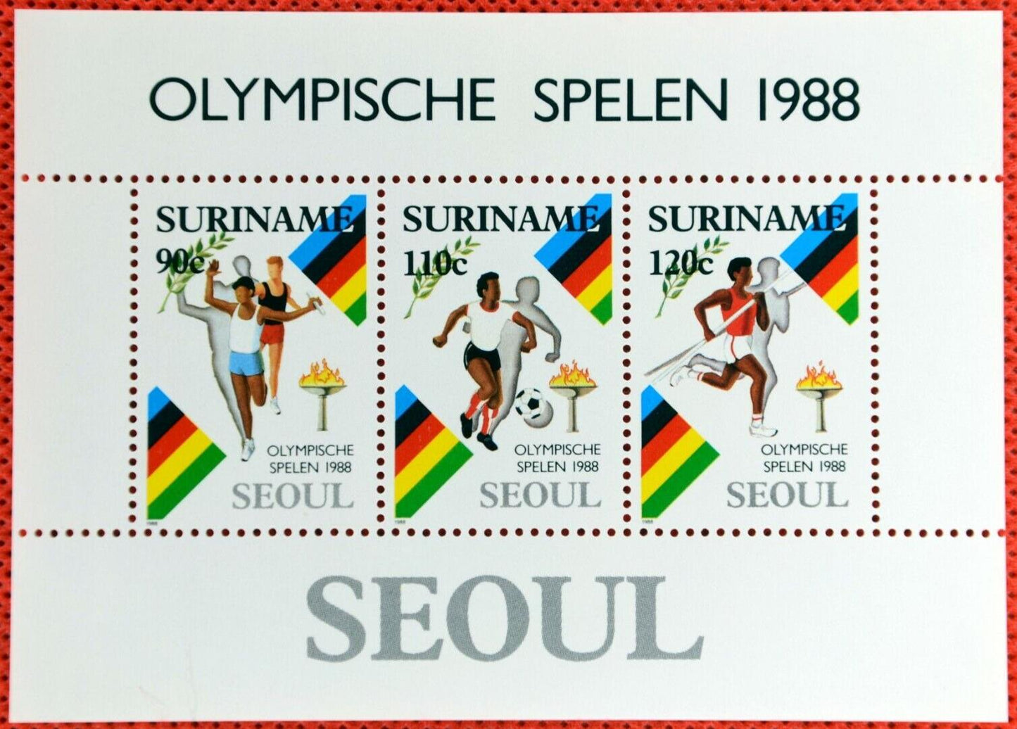 ZAYIX 1988 Suriname 814a MNH souvenir sht Olympics Soccer Track Field 07152207M