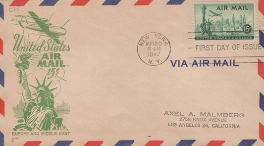 US C35-15 FDC H. Ioor cachet Statue of Liberty in green ZAYIX 101523USF26