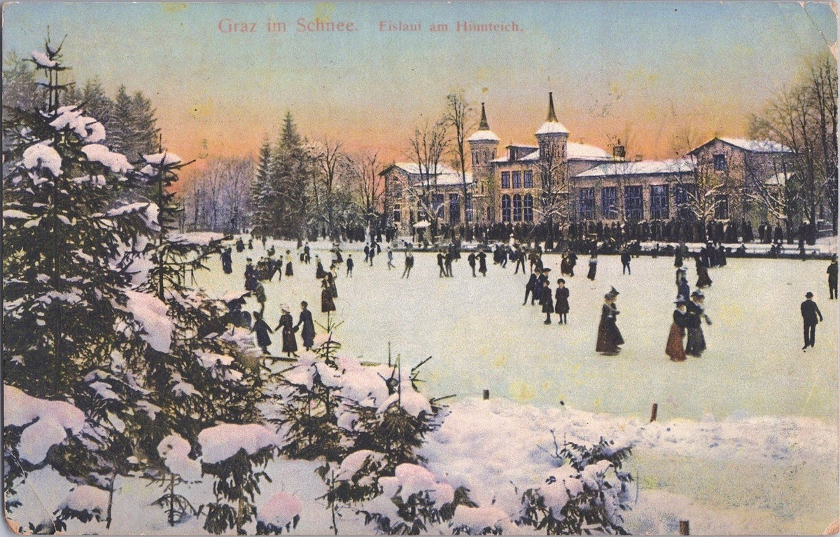 Graz in the Snow, Ice Skating at the Rear Pond 1909-10 Kuntsverlag S Frank ZAYIX