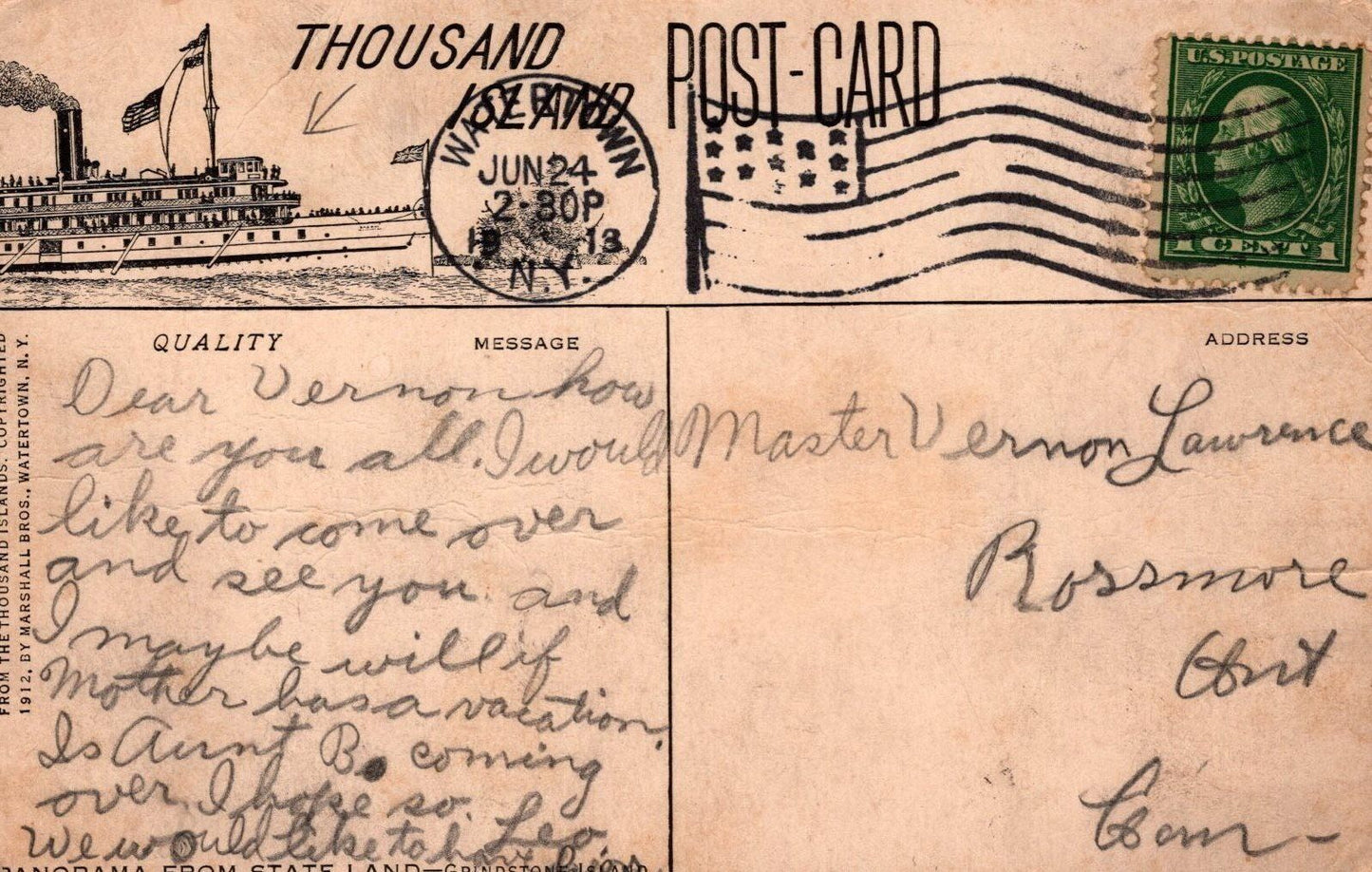 ZAYIX Postcard Great Lakes Ship Thousand Island Panorama from State Land, Artist