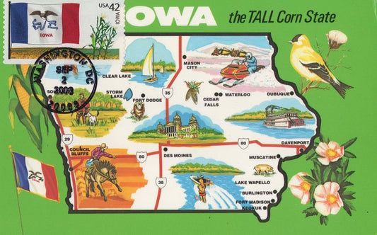 US Maxi Card FDC UA Iowa Statehood, Flag, Flowers, Birds ZAYIX 0924M0245