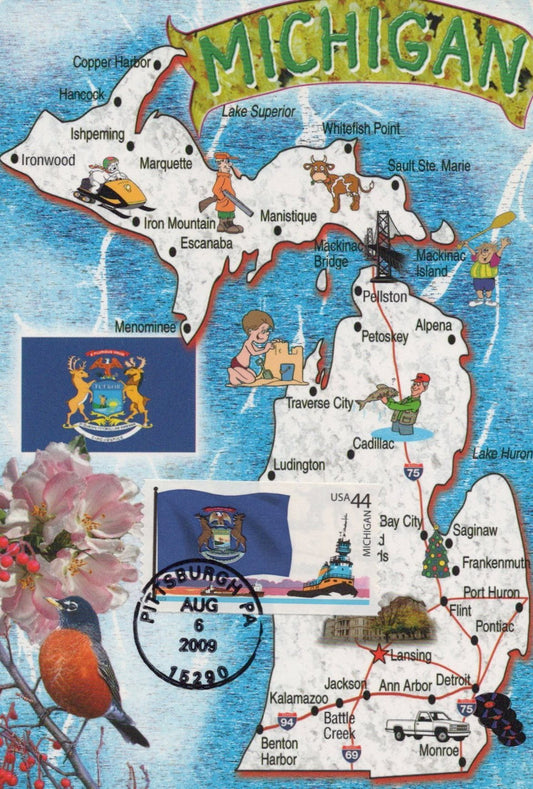US Maxi Card FDC UA Michigan Statehood, state map, robin ZAYIX 0924M0118