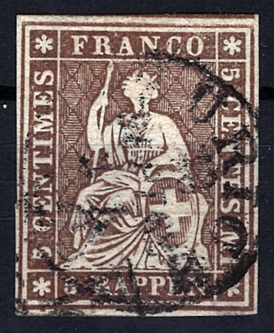 Switzerland 36 Used XF 4 margins 5fr brown seated Helvetia ZAYIX STAMPS 0525S0009