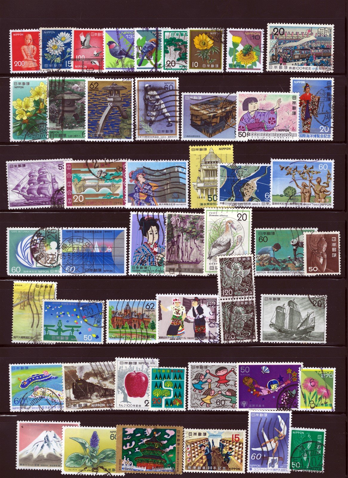 Japan Used Collection of 337 Different Stamps on 7 Stock Pages ZAYIX 0525L0006