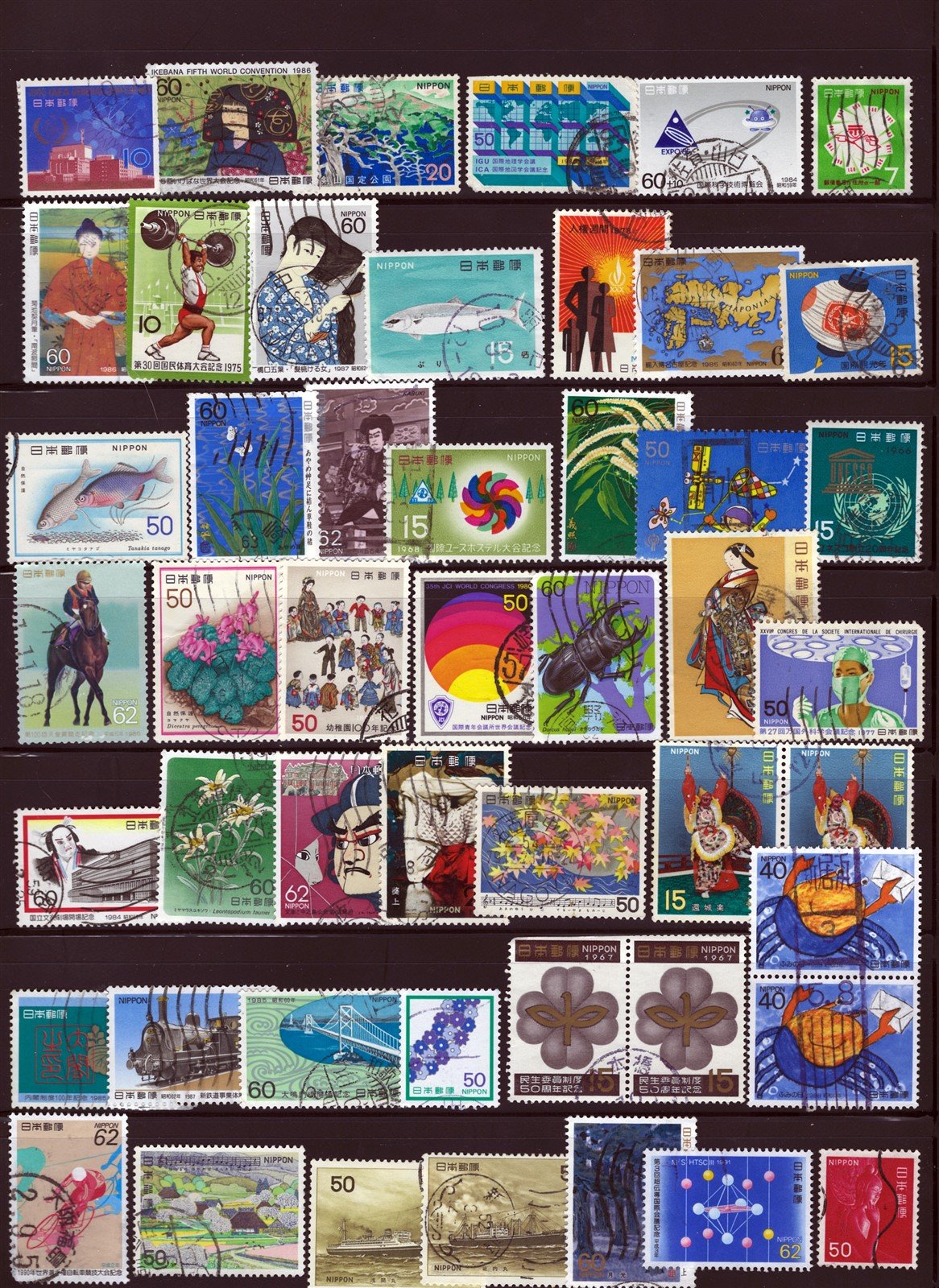 Japan Used Collection of 337 Different Stamps on 7 Stock Pages ZAYIX 0525L0006