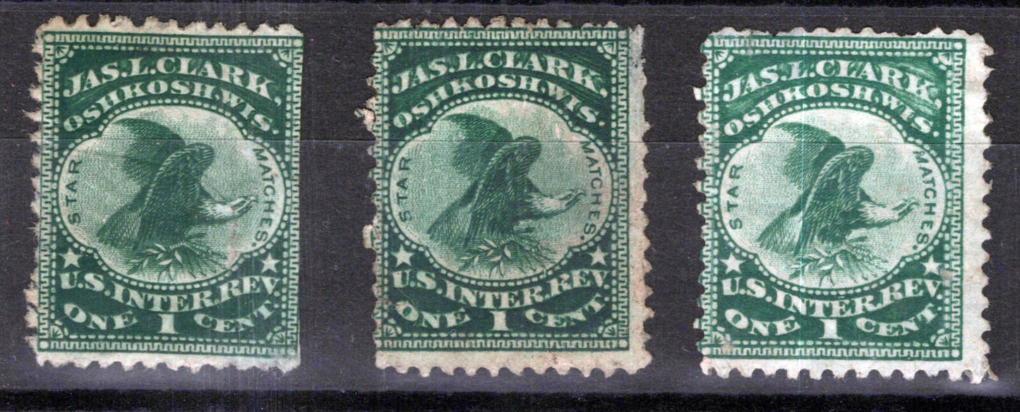 US Revenue Match Stamps RO62d , 3 examples, flaws, Jas L. Clark ZAYIX 0924MAR115