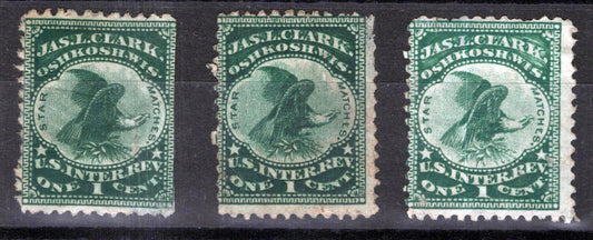 US Revenue Match Stamps RO62d , 3 examples, flaws, Jas L. Clark ZAYIX 0924MAR115