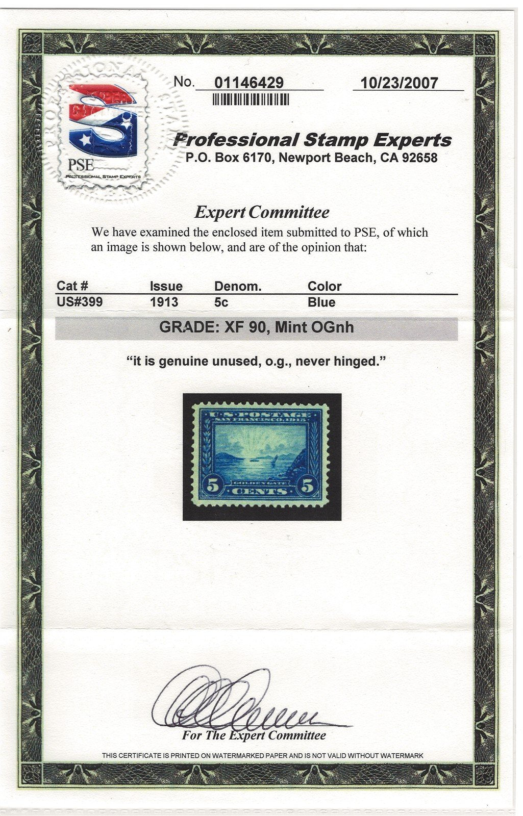 US 399 MNH XF (90) 5c blue Pan Pacific with certificate ZAYIX 0525S0154