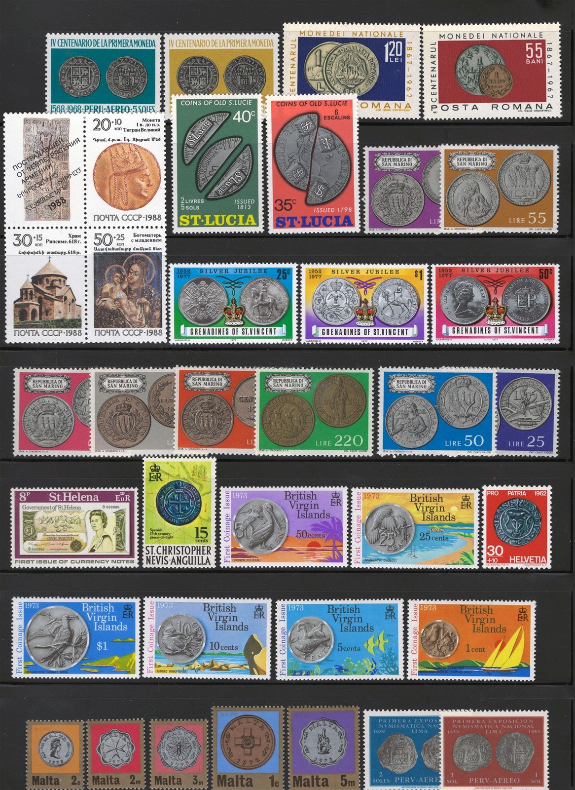 Coins and Currency on Stamps Collection of Mint Stamps, 2 pages ZAYIX 0525L0042