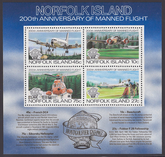 Norfolk Island 313a MNH 200th Anniv. of Manned Flight Aviation Zayix 0225M0024M