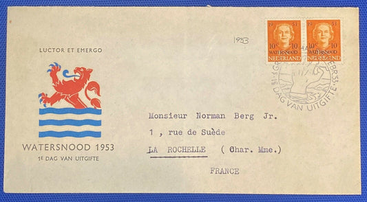 ZAYIX 1953 Netherlands B248 / Mi 606 / NVPH E12 FDC Flood Relief semipostal pair